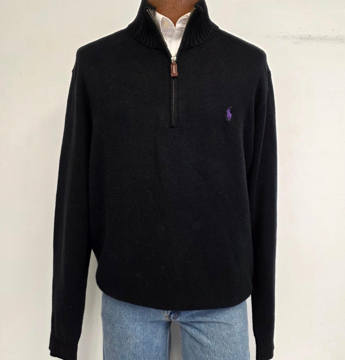 Polo Ralph Lauren | Vintage 1990s Cotton Quarter-Zip Sweater in Black - Size XL (Vintage)