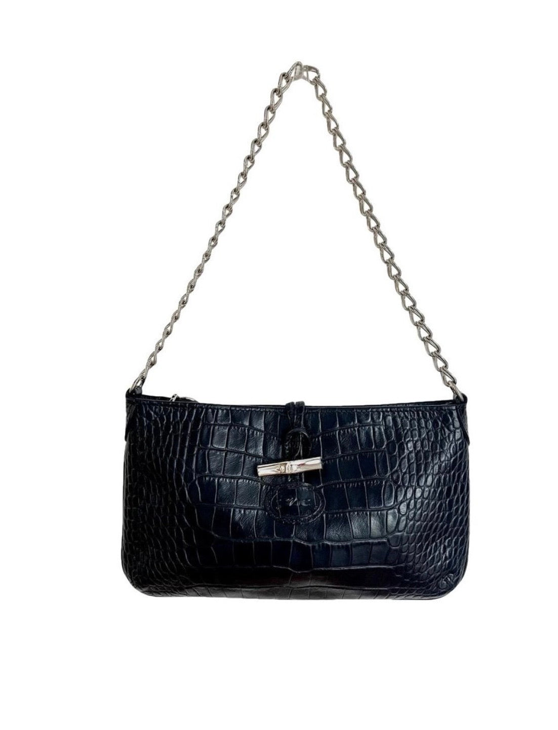 Longchamp | Roseau Black Croc-Embossed Leather Shoulder Bag - Vintage Y2K