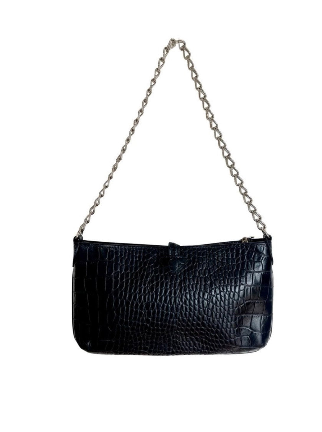 Longchamp | Roseau Black Croc-Embossed Leather Shoulder Bag - Vintage Y2K