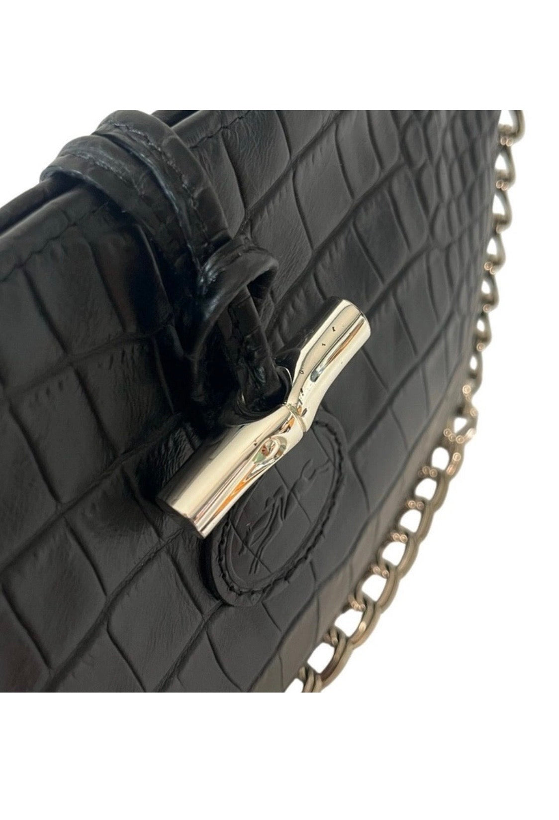Longchamp | Roseau Black Croc-Embossed Leather Shoulder Bag - Vintage Y2K