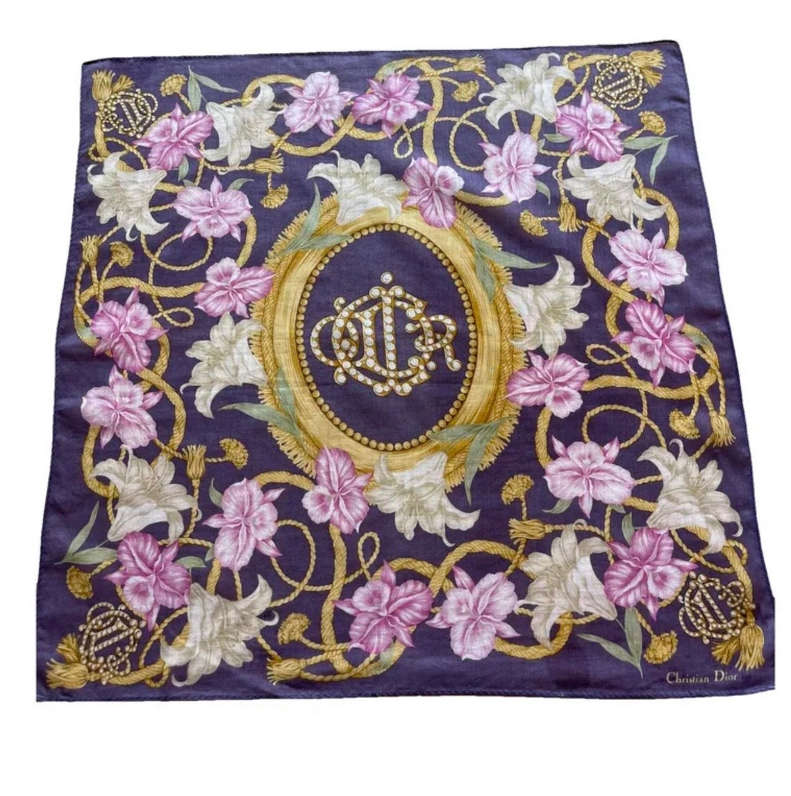 Vintage Christian Dior | Silk Scarf - Floral & Gold Rope Motif